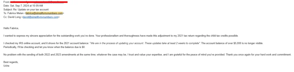 a client message after the company helped him through his amendment process