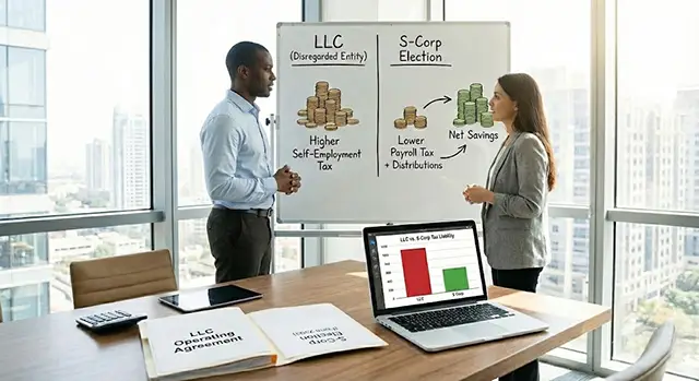 two accountant debating s-corp tax benefits over llc