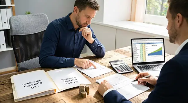 two man evaluating s-corp tax benefits over llc